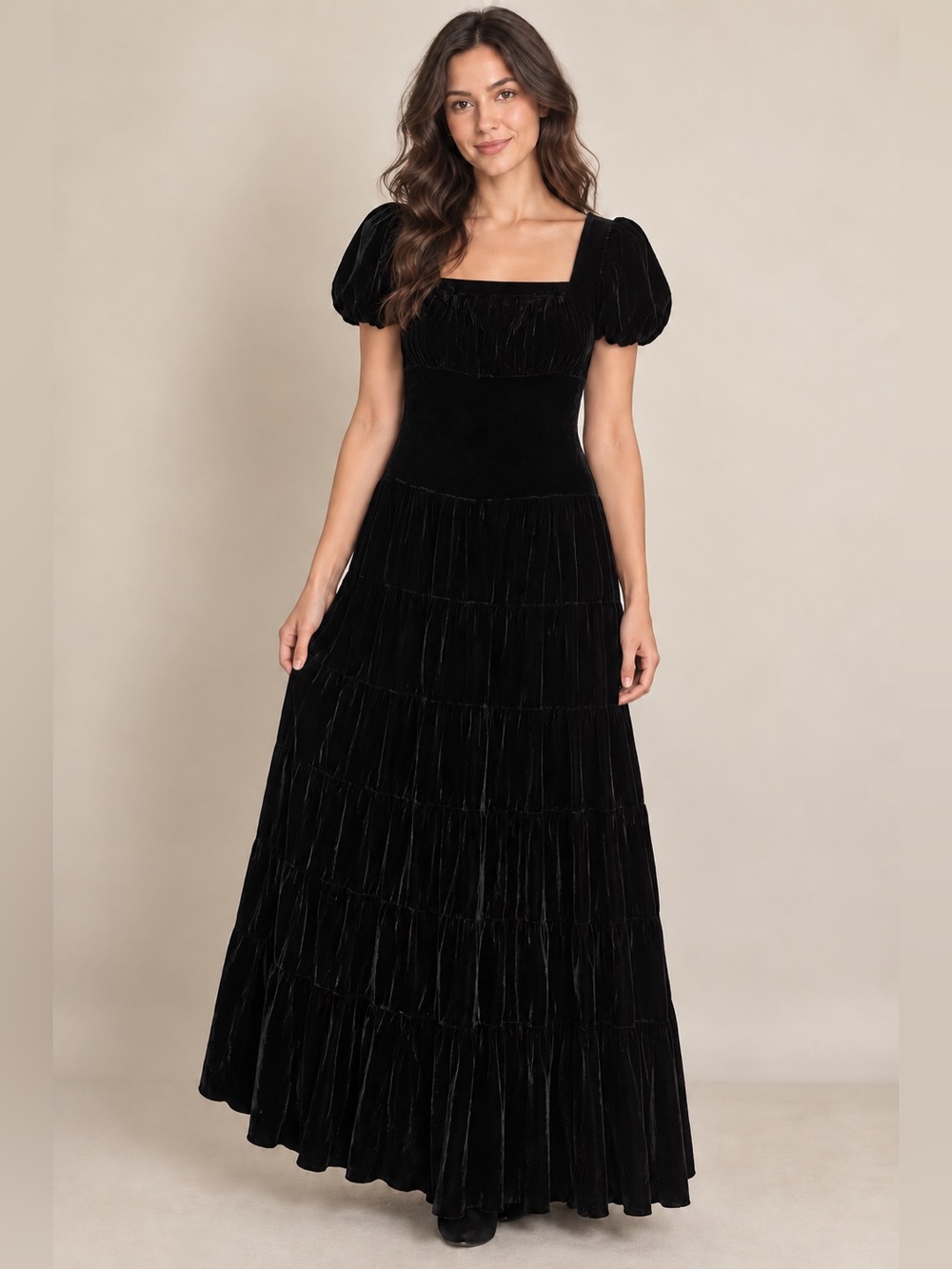 🖤 Gorgeous Elegant Black Velvet Puff Sleeve Tiered Maxi Dress